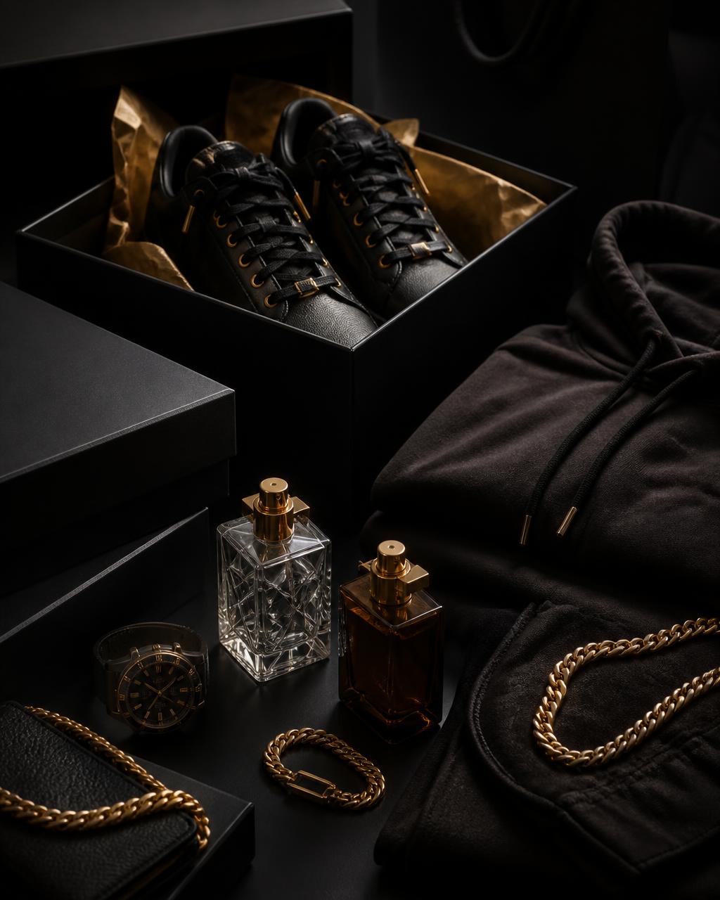 Fenplug drop — sneakers, hoodie, cologne, watch and gold chains